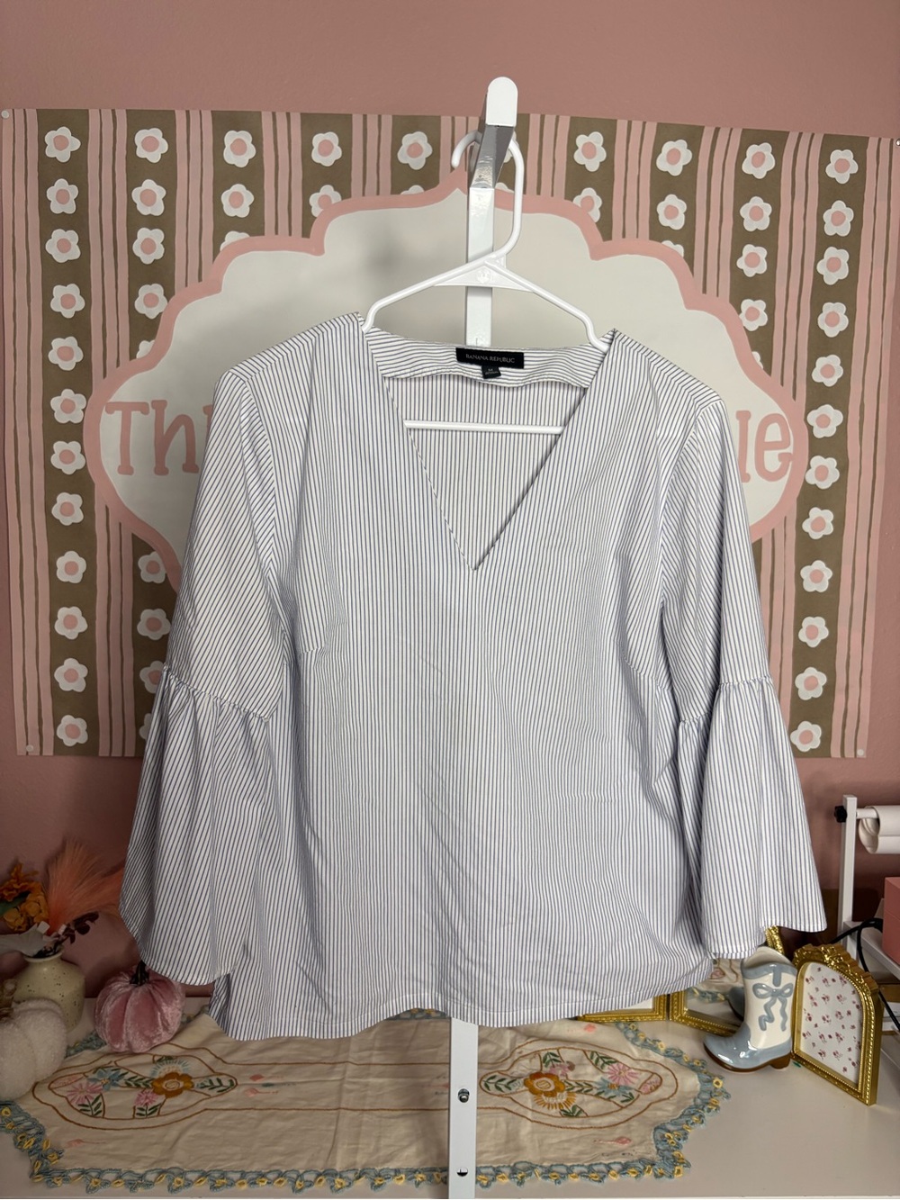 Banana Republic Blue Stripe V-Neck Bell Sleeve Top